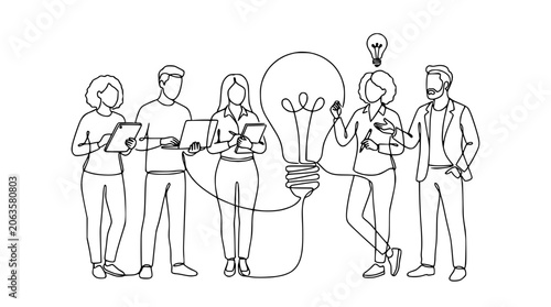 Team Collaboration Inspires New Ideas: People Around Lightbulb