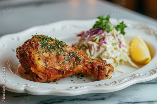 Crispy chicken leg served with fresh coleslaw in a cozy dining setting