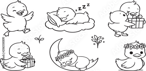 Konstfotografi Cute duckling coloring page bundle, vector line art set of little ducks sleeping