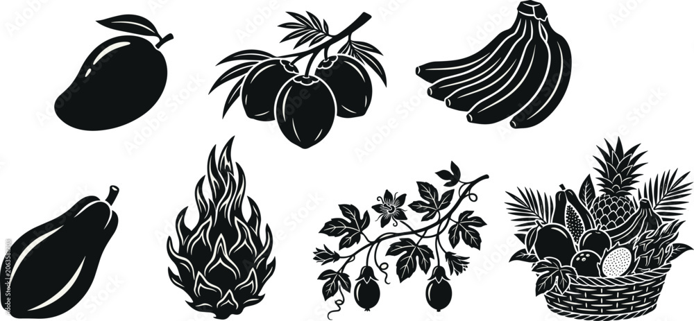 Fototapeta premium Tropical fruit silhouette illustrations with mango, bananas, coconuts, papaya, and basket design