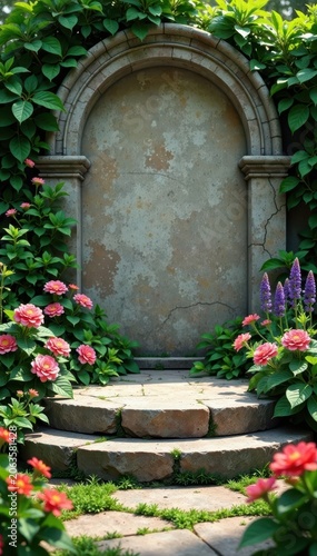 weathered stone podium with lush greenery and colorful flowers, island , beach, showcase
