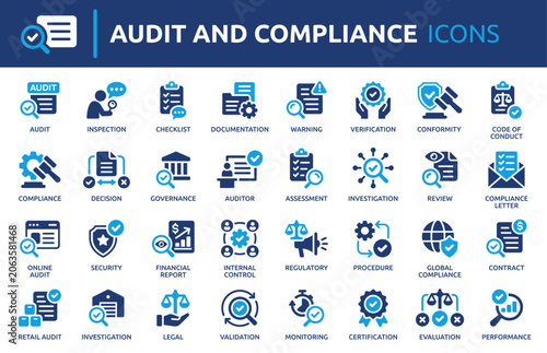 Audit and Compliance icon set, containing auditor, assessment, checklist, inspection, review and more. Vector icons collection.