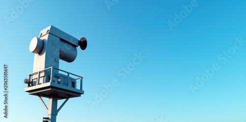 Weather station equipment with clear blue sky background, environmental monitoring, technical device,