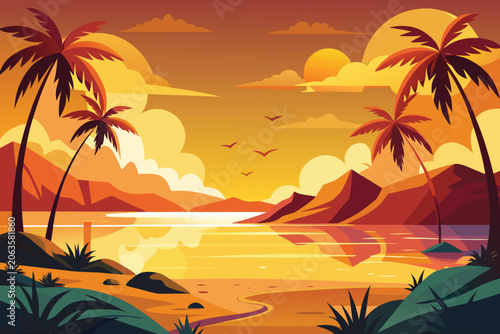 beautiful sunset landscape vector design with palm trees, flying birds and hills 