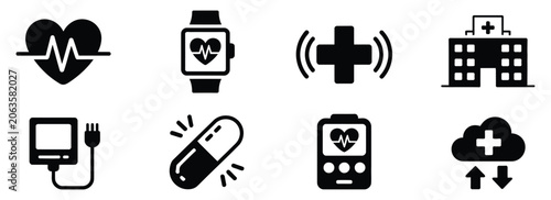 Healthcare IoT Icon Vector with Heart Monitor, Smart Watch, and Medical Device for Connected Health Technology Applications