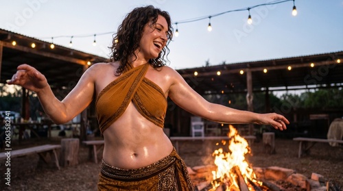 A cheerful woman with curly hair dancing blissfully outdoors near a blazing campfire at night under string lights.