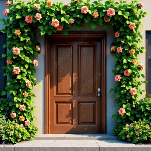 Wooden door with lush greenery and vibrant flowers in a modern entrance, wooden door, flowers, garden