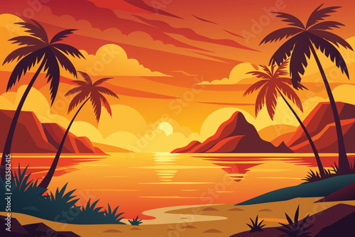 beautiful sunset landscape vector design with palm trees, flying birds and hills 