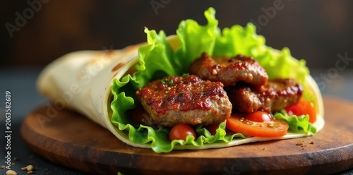 Wrap filled with spiced lamb and crunchy vegetables, wrap, beef,