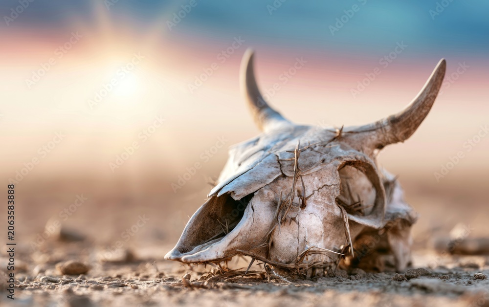 Fototapeta premium Weathered Animal Skull Resting on Dry Ground with Sunlight in Distant Background at Golden Hour