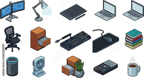 Foto Modern Workspace Equipment Collection Featuring Computer Accessories Office Furn