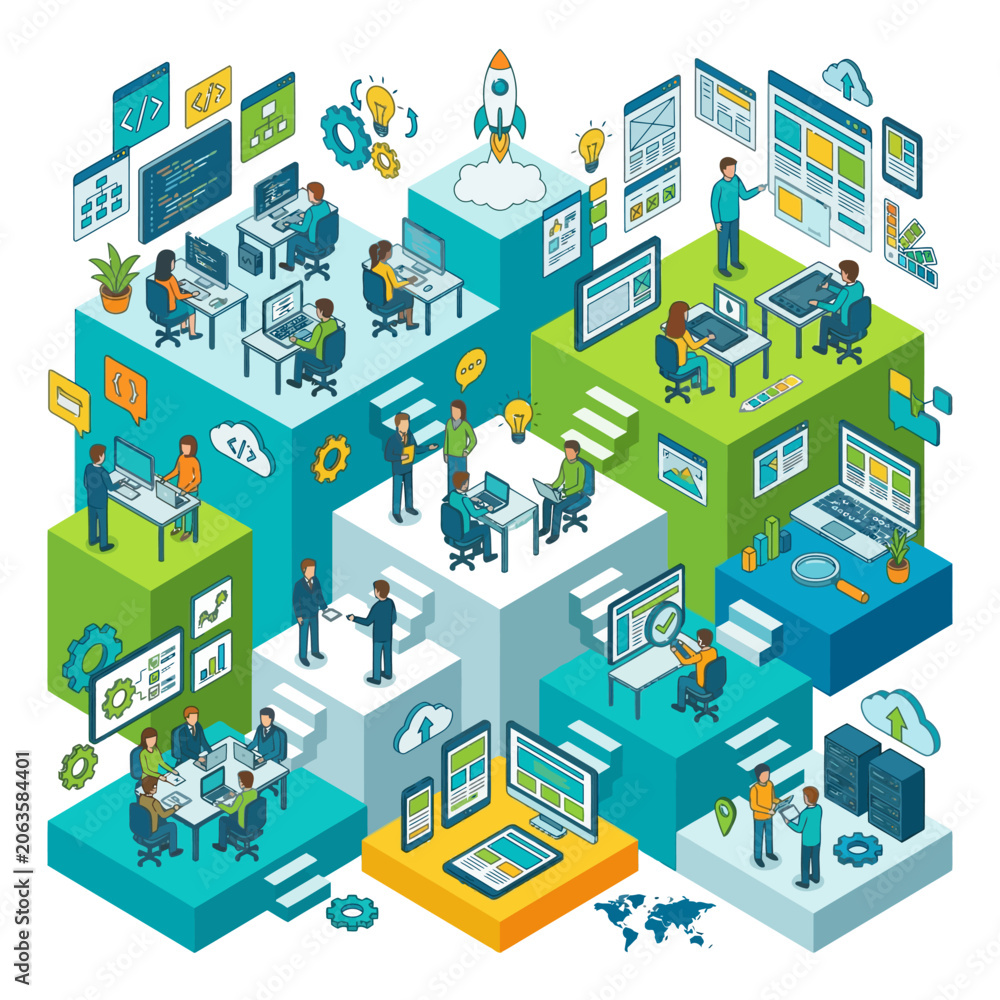 Fototapeta premium Isometric illustration of people working in a tech office