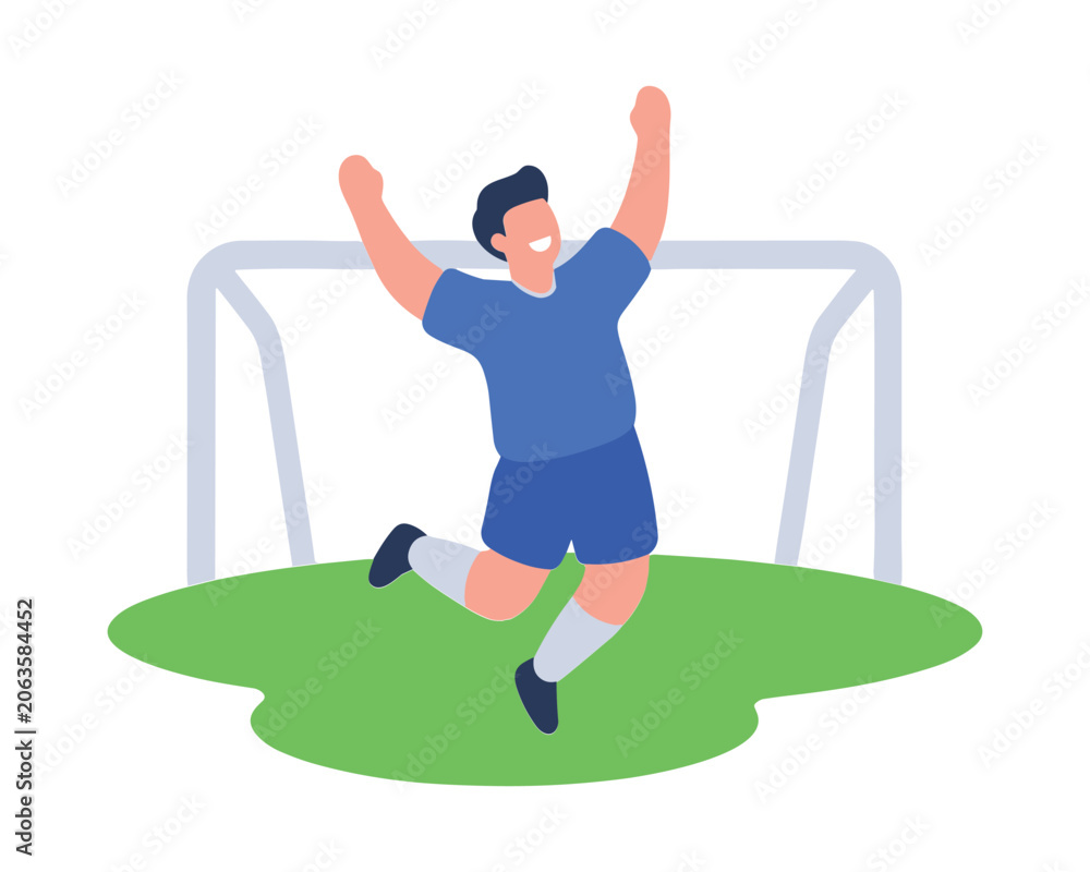 Fototapeta premium Soccer player celebrating goal on field. Athlete in blue kit celebrating a goal in front of a soccer net