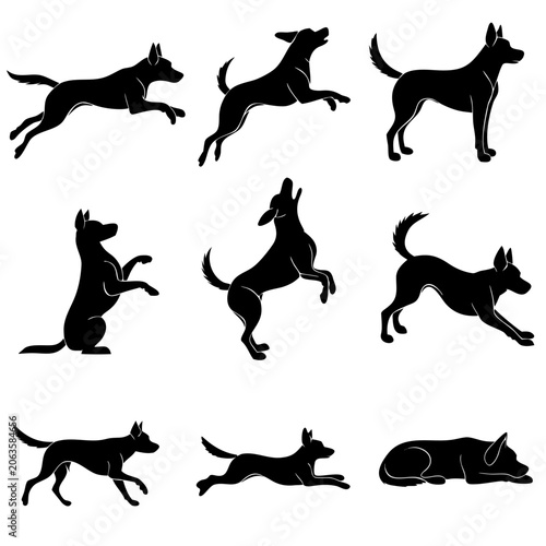 Active Dog and Puppy Vector Silhouettes in Dynamic Action Poses