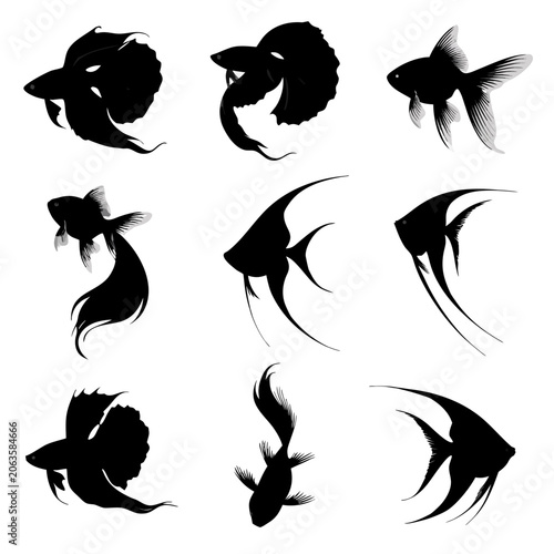 Set of 9 Aquarium Fish Vector Silhouettes Featuring Goldfish and Betta