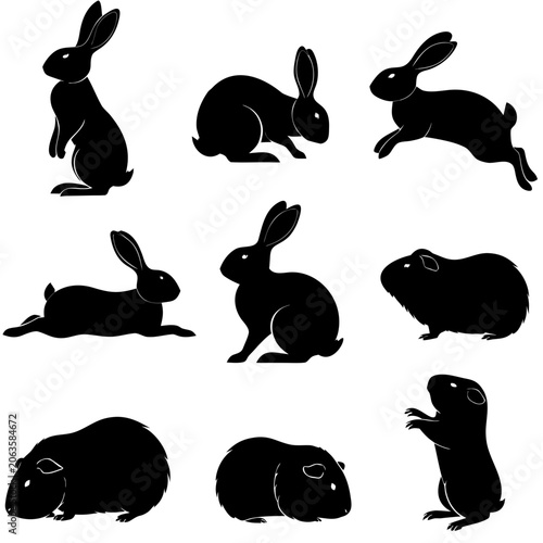 Small Pet Vector Silhouettes Featuring Rabbits and Guinea Pigs