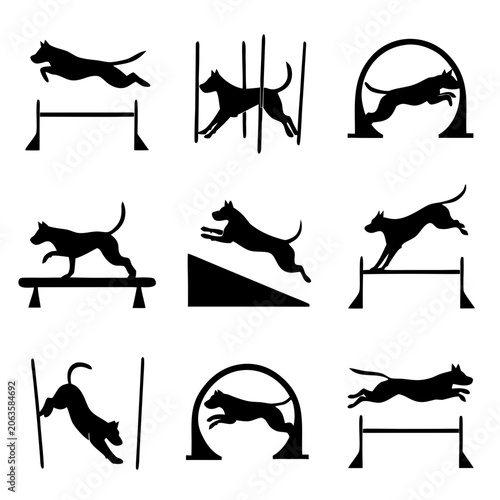 Set of 9 Dog Agility Training Vector Silhouettes in Action Poses