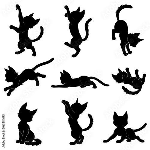 Set of 9 Curious Kitten Vector Silhouettes in Energetic Action Poses
