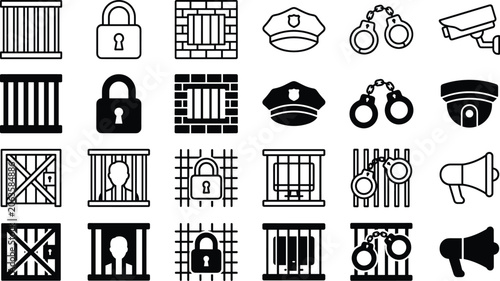 Schilderij op canvas Prison security and law enforcement icon collection with jail lockup surveillanc