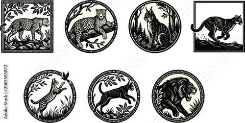 Canvas Print Wild cat illustrations with leopard, lynx, cougar, serval, and lion designs