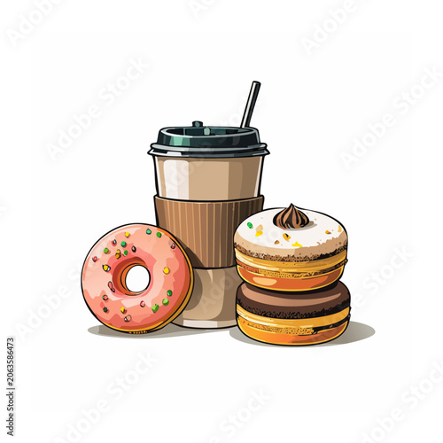 Flat illustration of coffee cup with donut and macarons