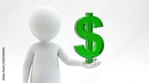 3d character holding a green dollar sign symbol isolated on white background