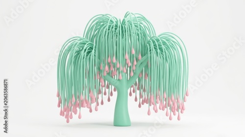 3d render of a stylized weeping willow tree with mint green branches and pink teardrop leaves isolated on white background