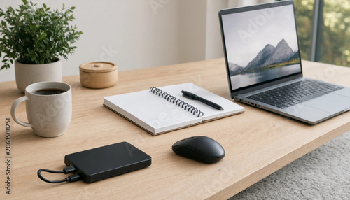 Tableau sur toile A workspace featuring a laptop with a mountain landscape wallpaper, a spiral not