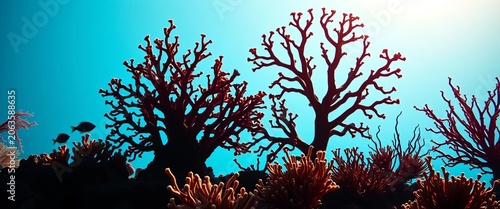 Intricate silhouettes of diverse coral species against a bright background,  nature,   soft coral