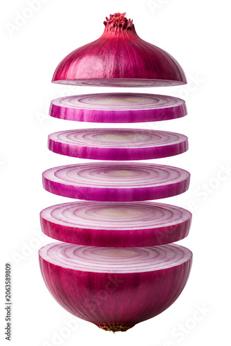 Floating red onion Slices isolated on trandparent background.