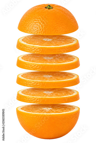 Fresh orange into floating slices isolated on trandparent background.