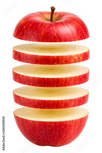 Floating red apple slices isolated on trandparent background.