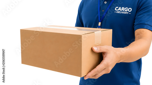 Delivery worker holding cardboard box isolated on trandparent background.