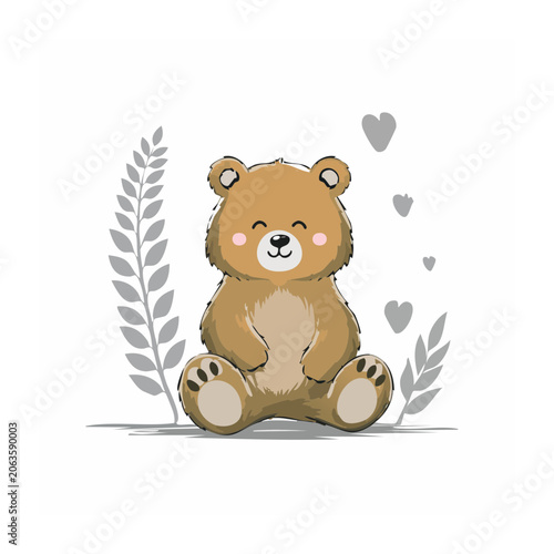 Cute cartoon brown bear with hearts and leaves
