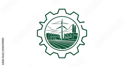 Industrial Gear with Wind Turbine and Factory Illustration.