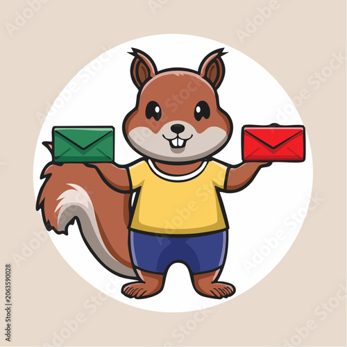 Cute Squirrel Character Holding Envelopes