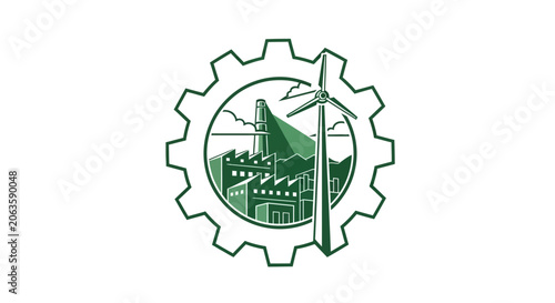 Industrial Gear with Wind Turbine and Factory Illustration.