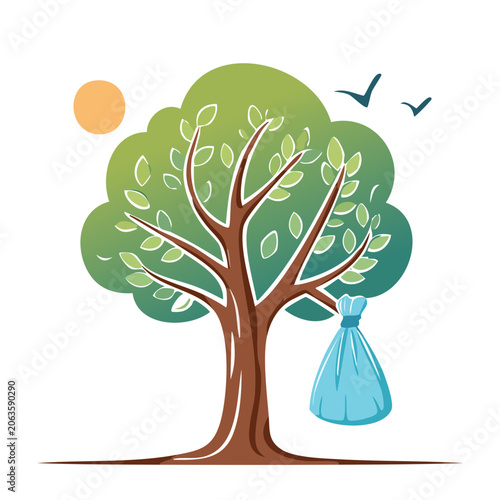 Flat design vector illustration of a green tree in a blue pot