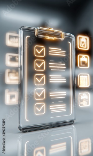 Futuristic transparent clipboard with glowing neon checkmarks and to-do list, symbolizing task completion and digital planning.