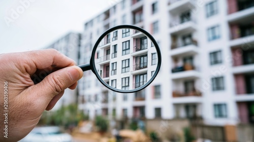 Hand Holding Magnifying Glass Examining Modern Apartment Building with Blurred Background