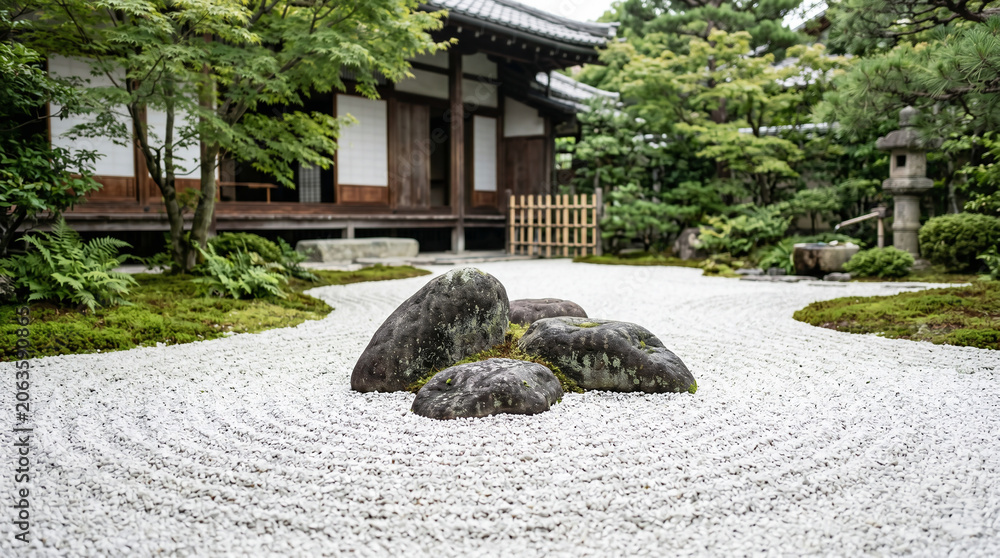 Fototapeta premium Serene Zen Rock Garden with Perfectly Raked Sand