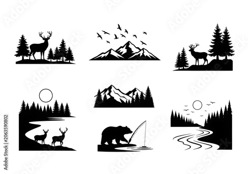 Black Silhouettes of Deer, Bear, and Mountains with Trees and River