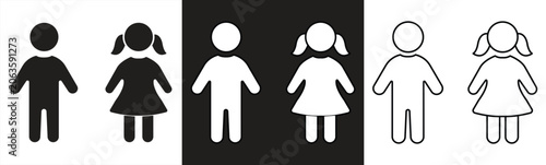 Girl and boy icons set. Children silhoutte. Kids icon flat and outline style - stock vector.