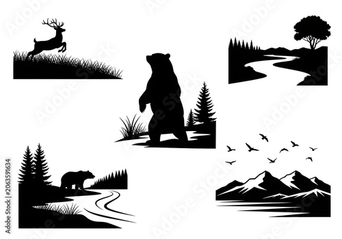 Black Silhouettes of Bear, Deer, and Mountains with Trees and Birds