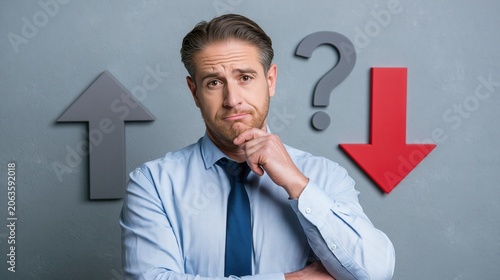 Businessman wearing a shirt and tie considers the direction of his professional future with deep thought.