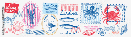 Fotografie Vintage nautical postage stamp collection featuring crab, lobster, octopus, sardines and coastal marine elements in retro engraved style for branding, packaging and travel designs