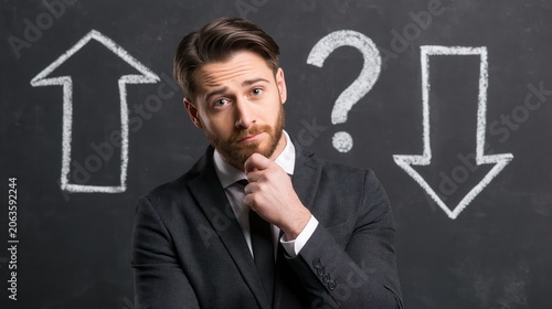 Businessman contemplates choices while standing between a rising and falling arrow drawn on a blackboard.
