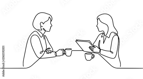 Two women meeting, one holding coffee, one reading