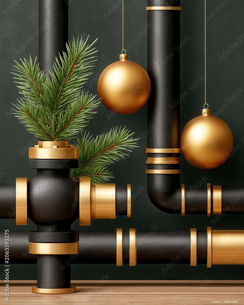 Fototapeta premium Festive industrial valves and pipes decorated with gold Christmas baubles and pine branches