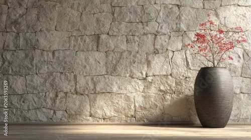 Fototapeta na wymiar Rustic stone wall with modern vase and red berries offers interior design inspiration.